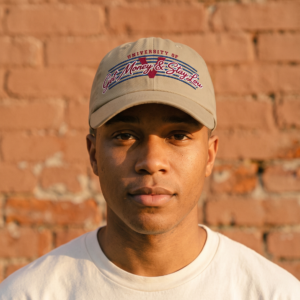 Man wearing khaki Fo'Lyfe dad hat against brick wall